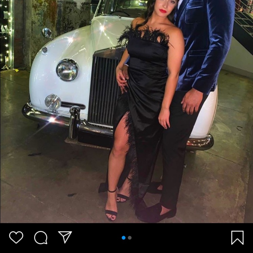 feather long black dress